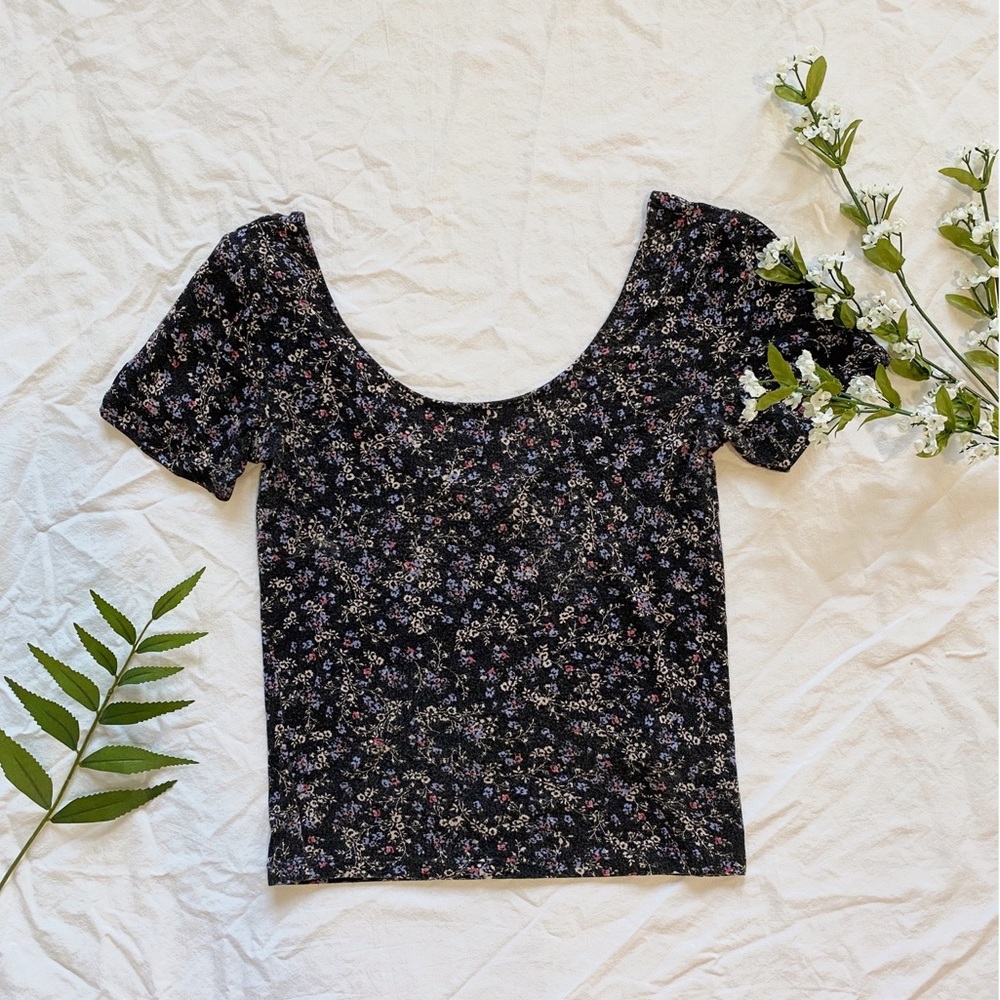 black floral tee, low back